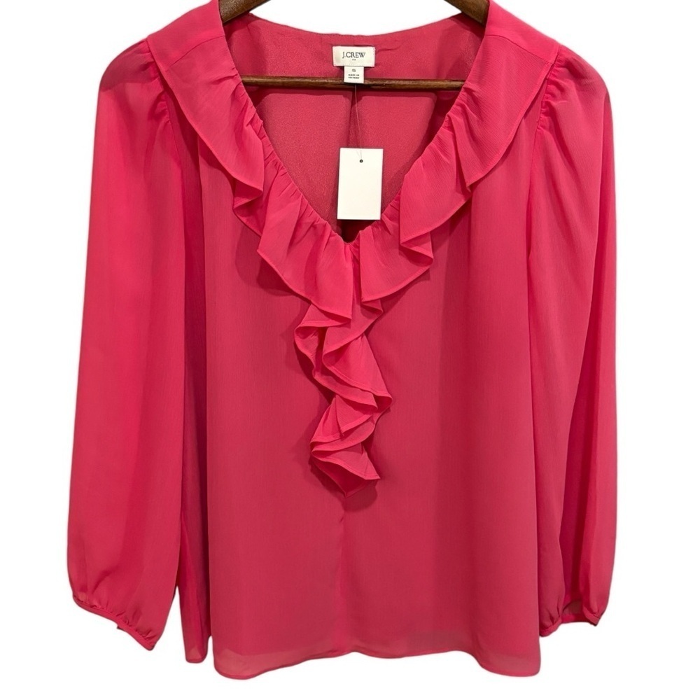 J Crew Womens Long Sleeve V-Neck Ruffle Blouse Size Small Pink Lightweight